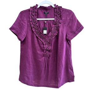 NWT Talbots Burgundy 100% Linen Ruffled V Neck Short Cuffed Sleeve Top Blouse -4